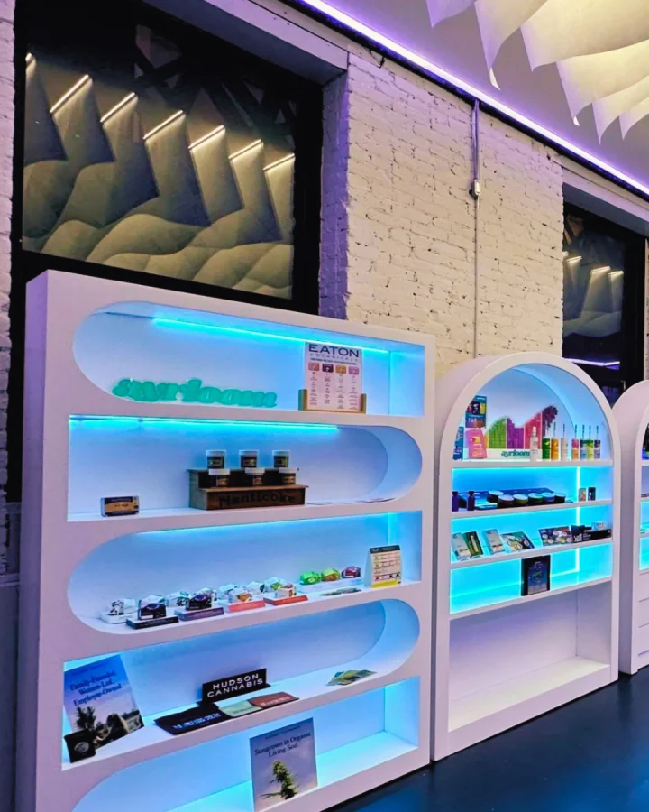 Modern shelves with illuminating lights at Cannadreams dispensary